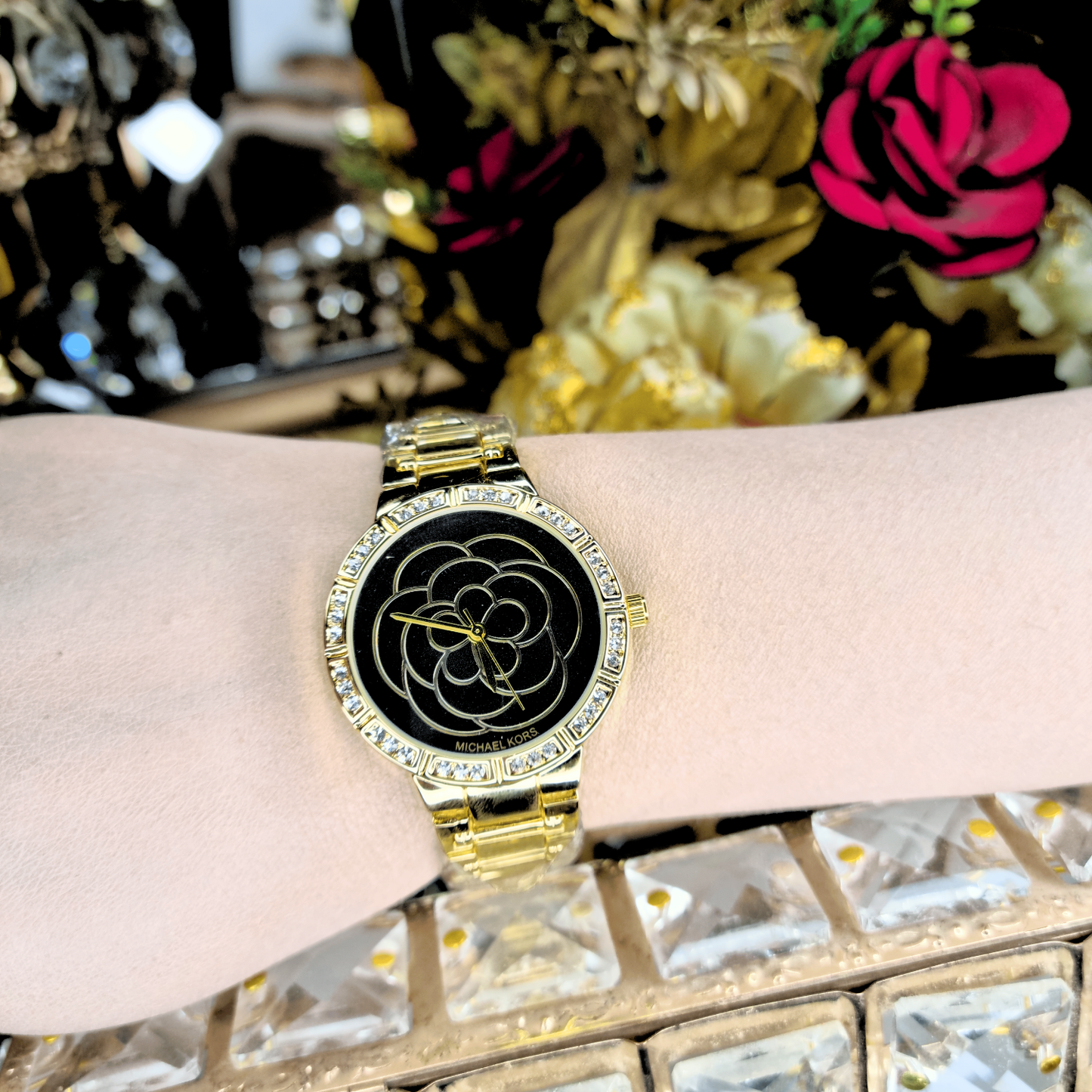 Women's Watch β Golden Stainless Steel with Black Flora Dial