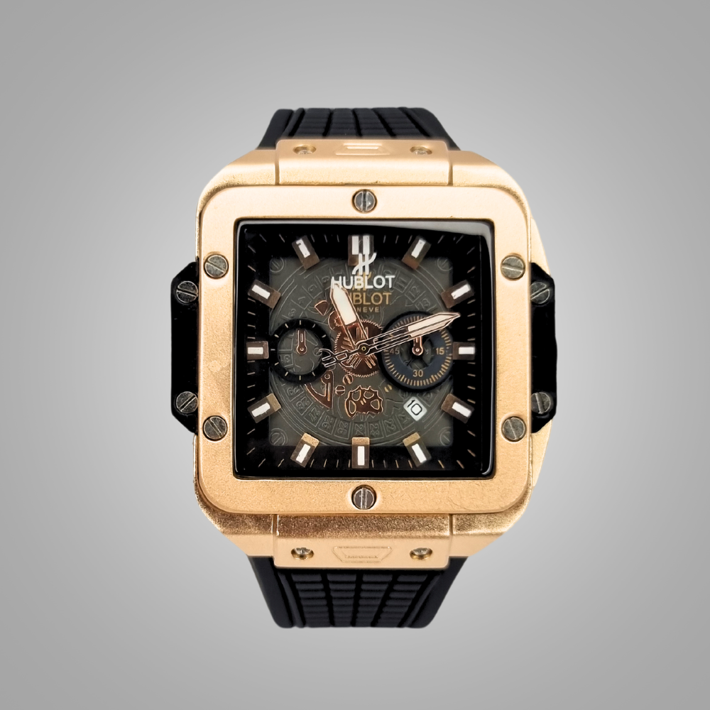 Hublot Square Dial Luxury Watch - Golden Dial & Black Strap