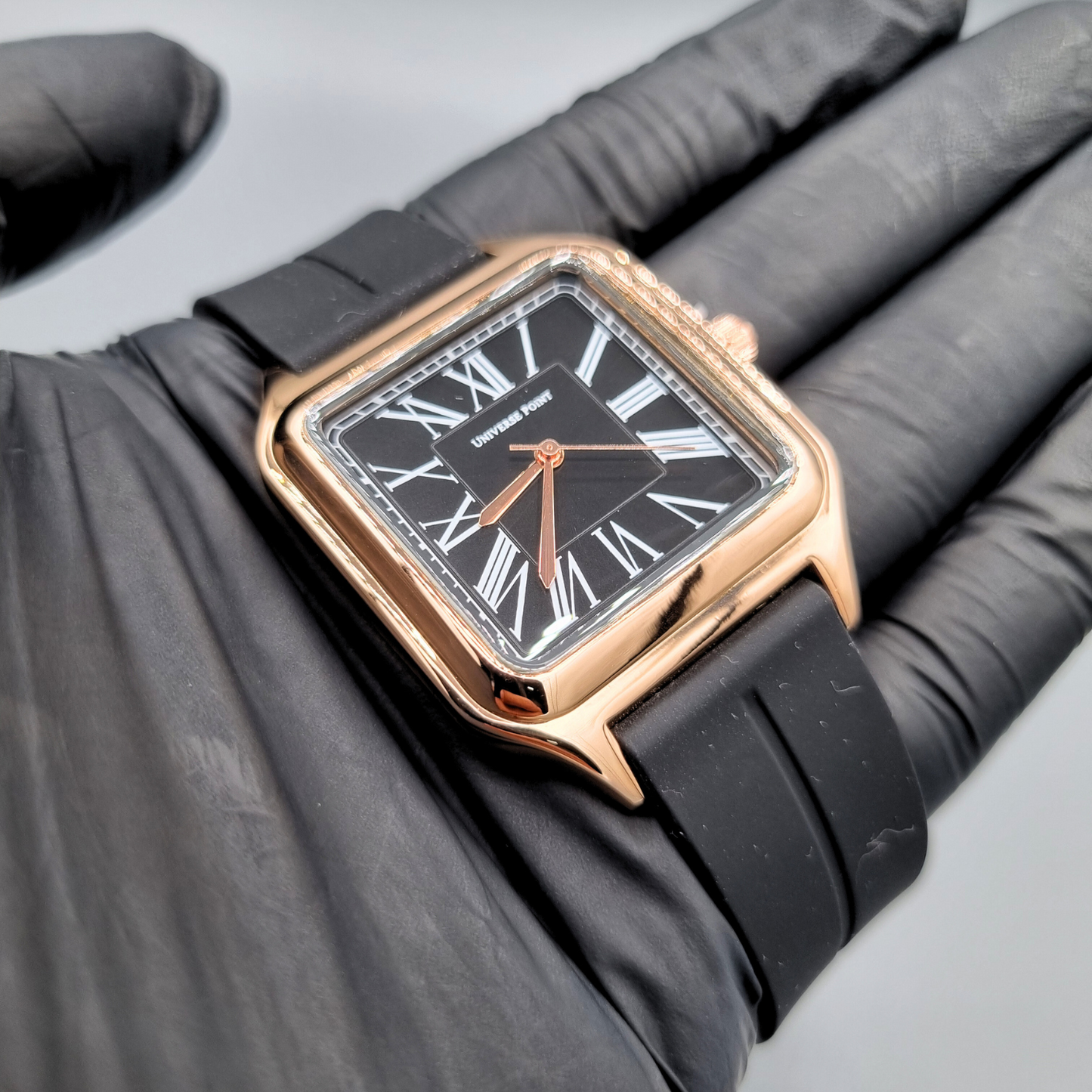 Luxury Rose Gold & Black Square Watch β Roman Face