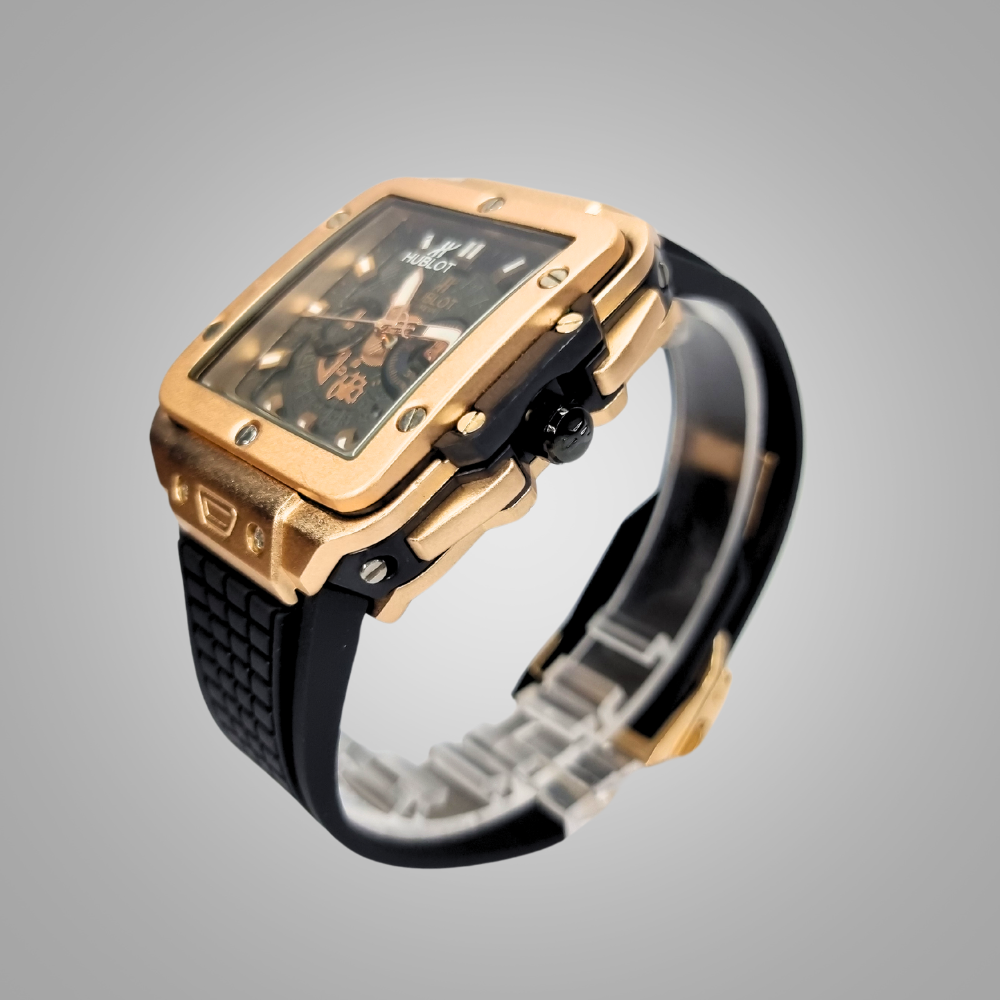 Hublot Square Dial Luxury Watch - Golden Dial & Black Strap