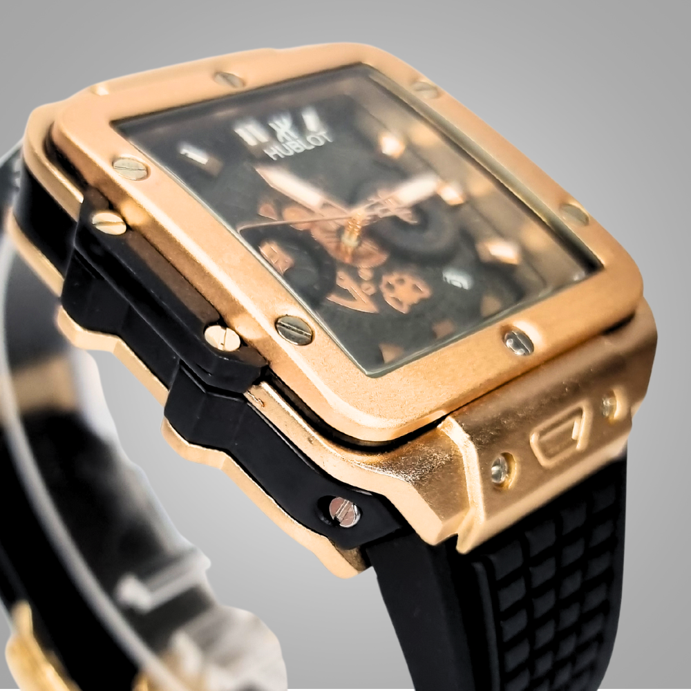 Hublot Square Dial Luxury Watch - Golden Dial & Black Strap