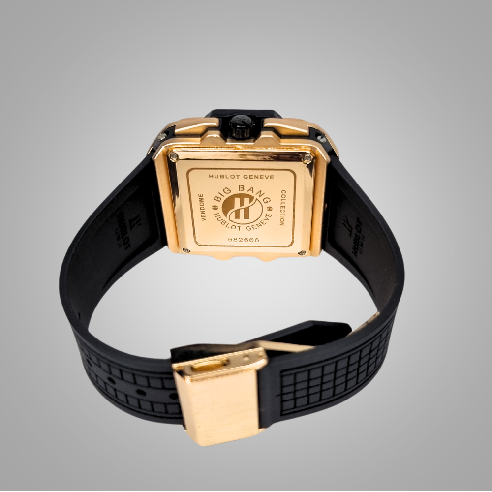 Hublot Square Dial Luxury Watch - Golden Dial & Black Strap