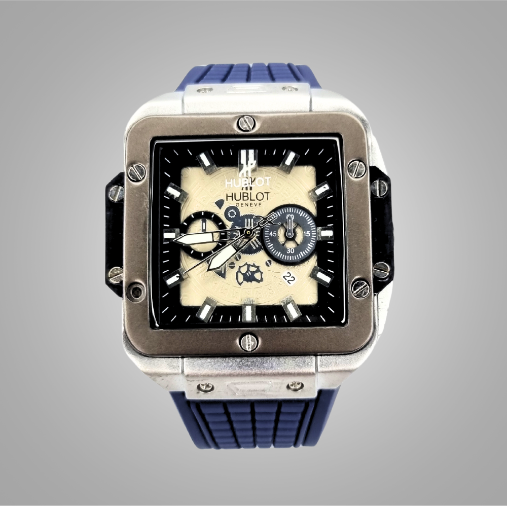 Hublot Square Dial Luxury Watch - SIlver Dial & Blue Strap