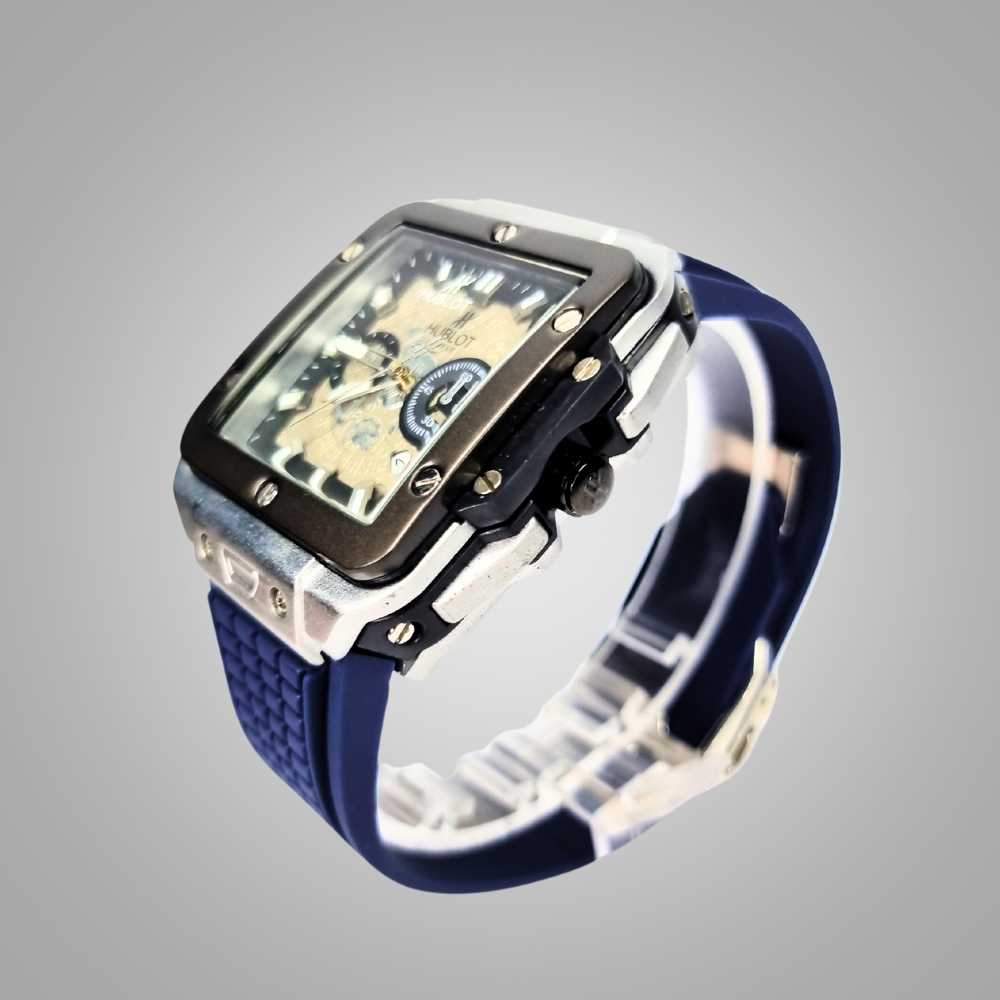 Hublot Square Dial Luxury Watch - SIlver Dial & Blue Strap