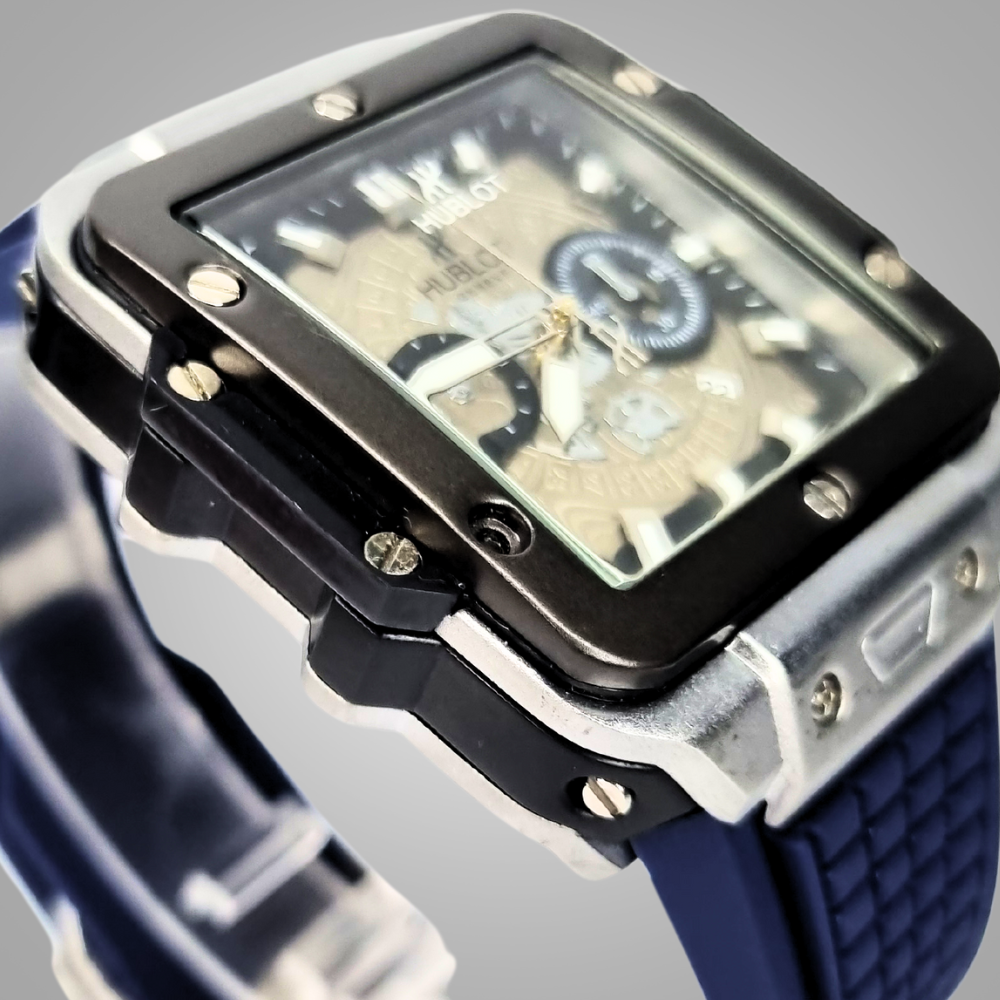 Hublot Square Dial Luxury Watch - SIlver Dial & Blue Strap