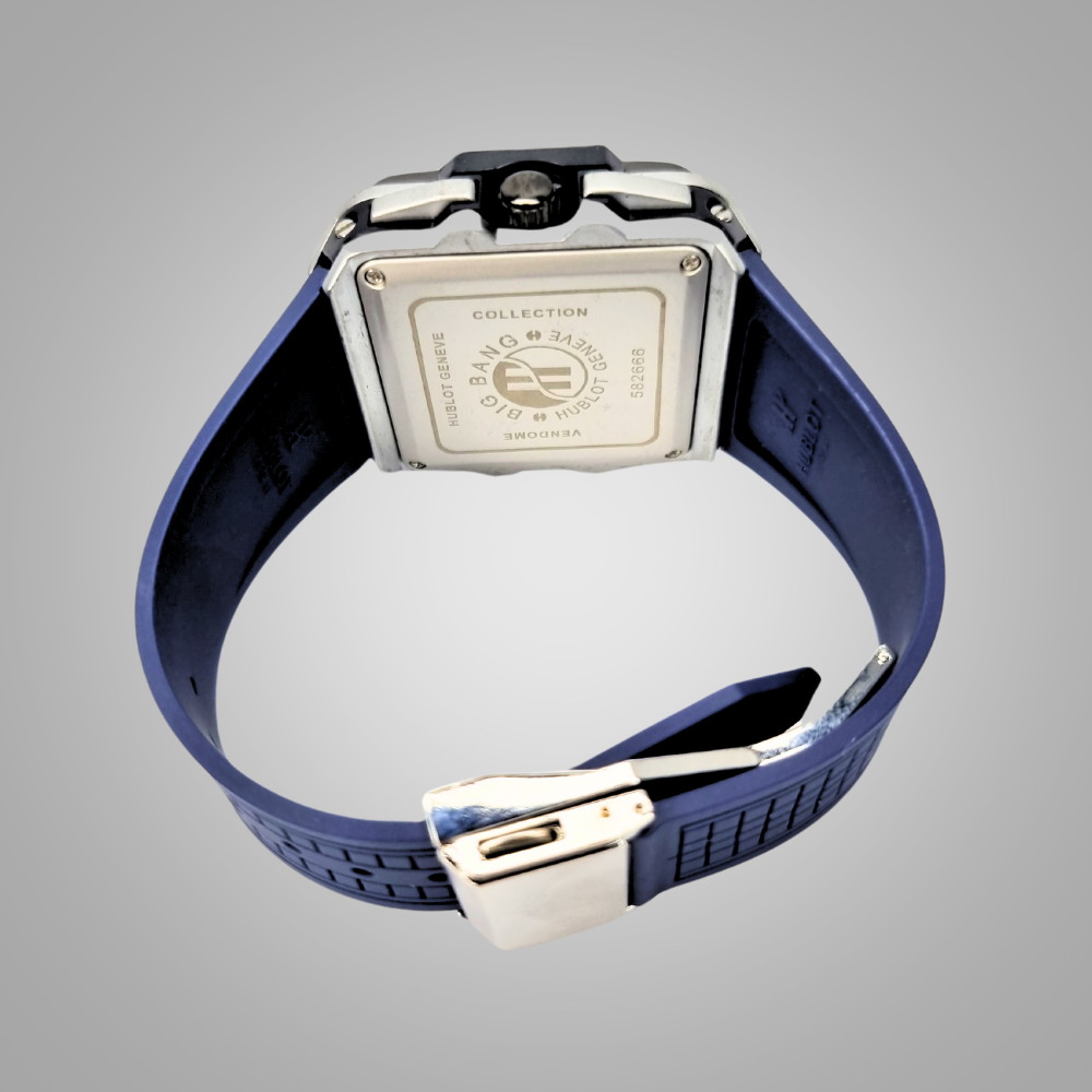 Hublot Square Dial Luxury Watch - SIlver Dial & Blue Strap