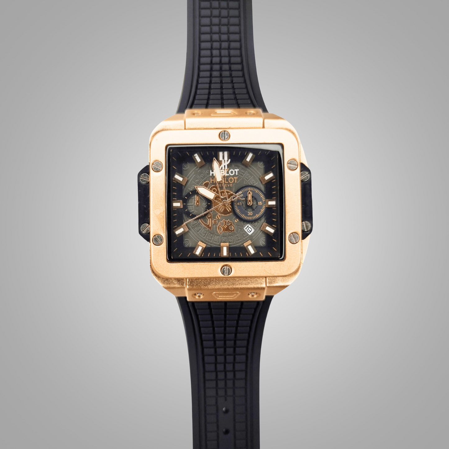 Hublot Square Dial Luxury Watch - Golden Dial & Black Strap
