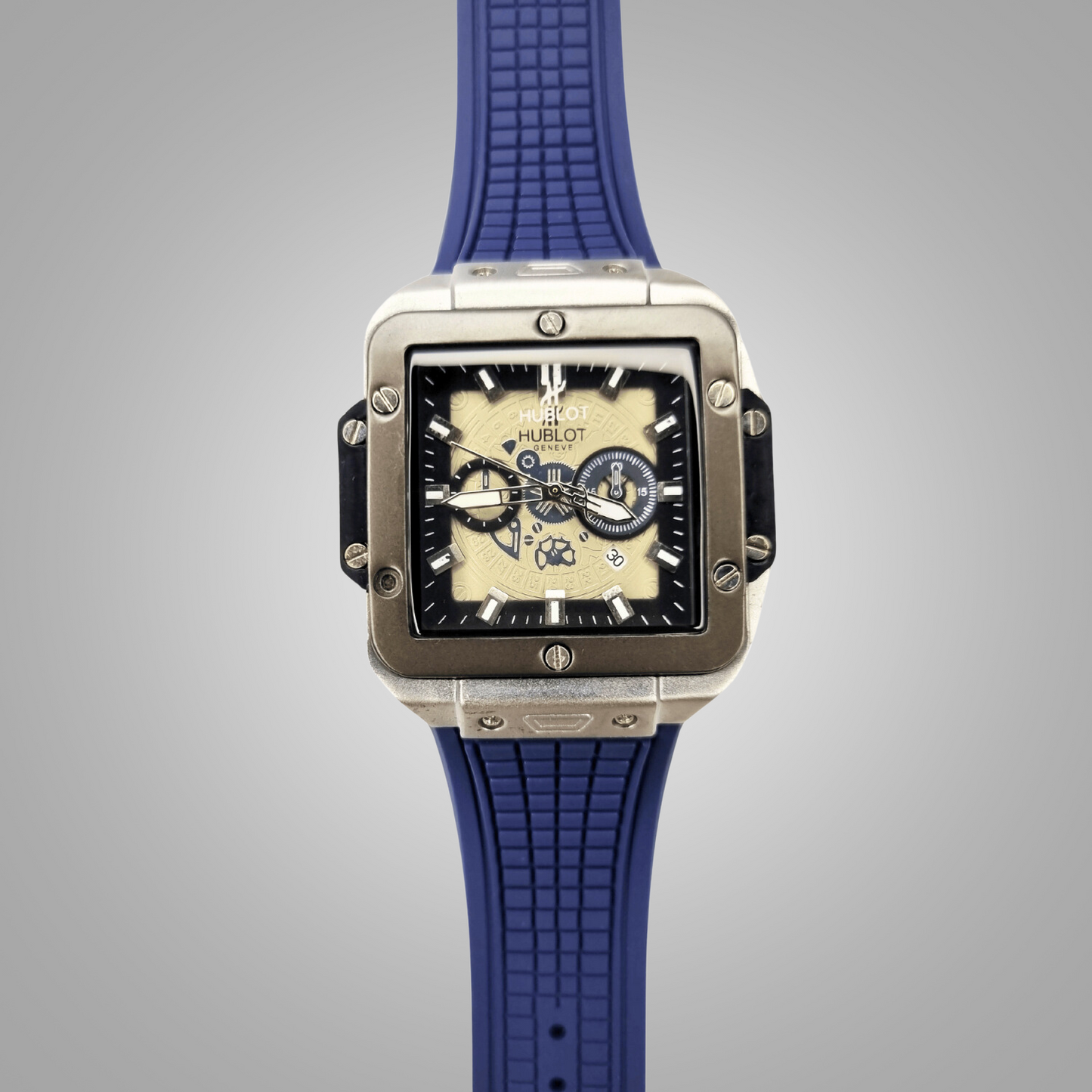 Hublot Square Dial Luxury Watch - SIlver Dial & Blue Strap