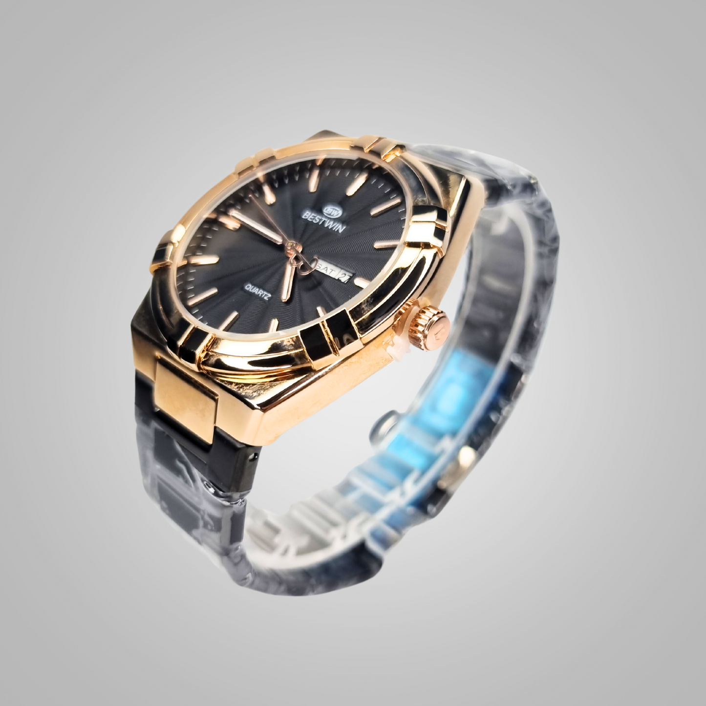 BESTWIN Quartz Watch - Elegant Black Dial with Gold Accents