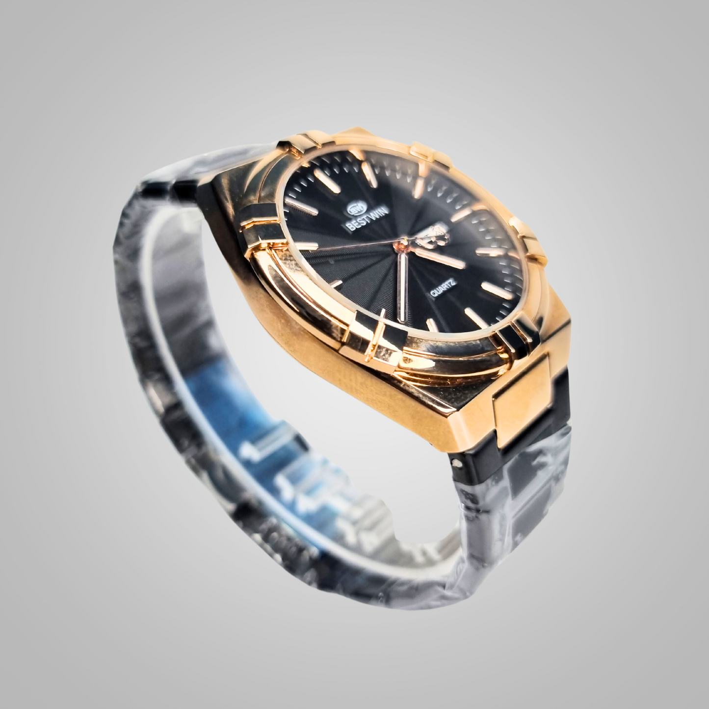 BESTWIN Quartz Watch - Elegant Black Dial with Gold Accents