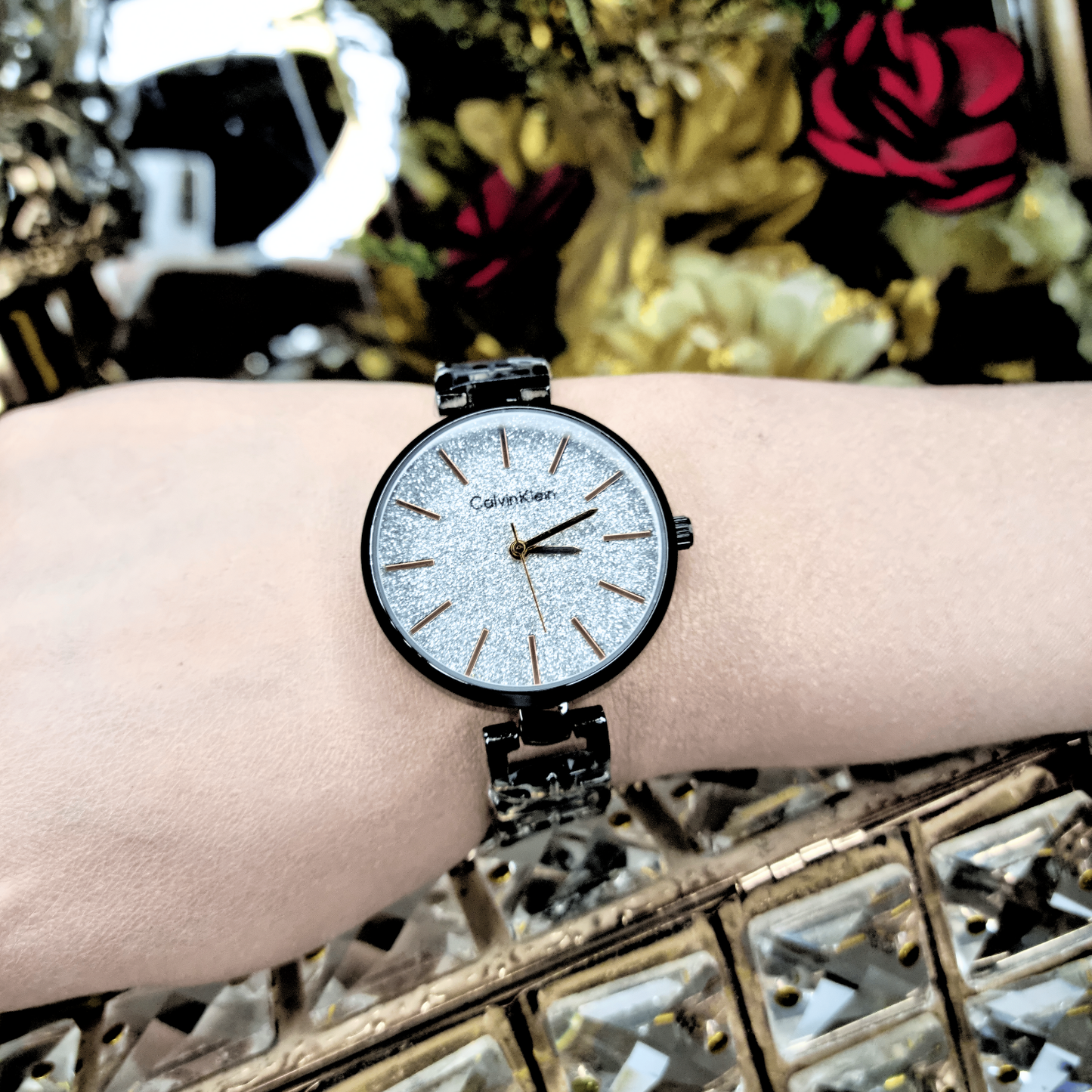 Midnight Sparkle Women's Watch – Black Stainless Steel with Glitter Dial