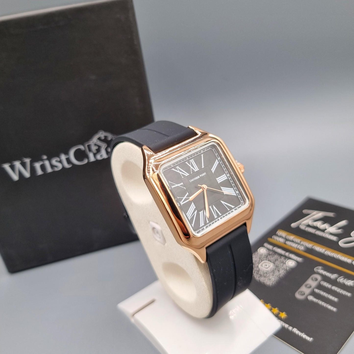Luxury Rose Gold & Black Square Watch – Roman Face
