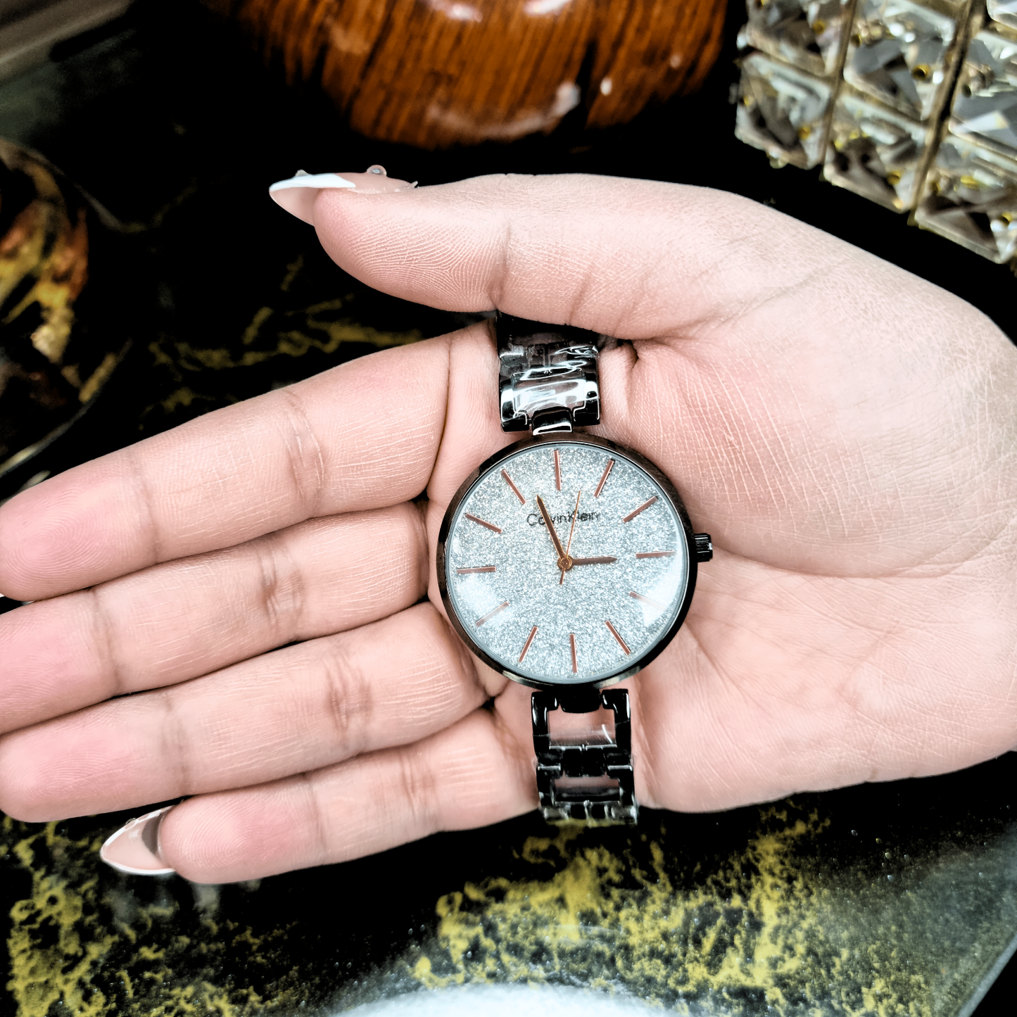 Midnight Sparkle Women's Watch – Black Stainless Steel with Glitter Dial