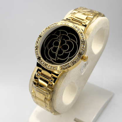Women's Watch – Golden Stainless Steel with Black Flora Dial