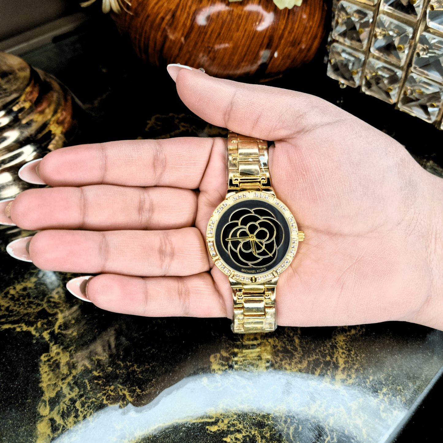 Women's Watch – Golden Stainless Steel with Black Flora Dial