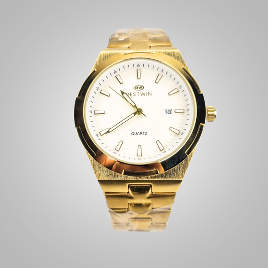 Bestwin Gold Tone Quartz Watch – Elegant White Dial with Date Display