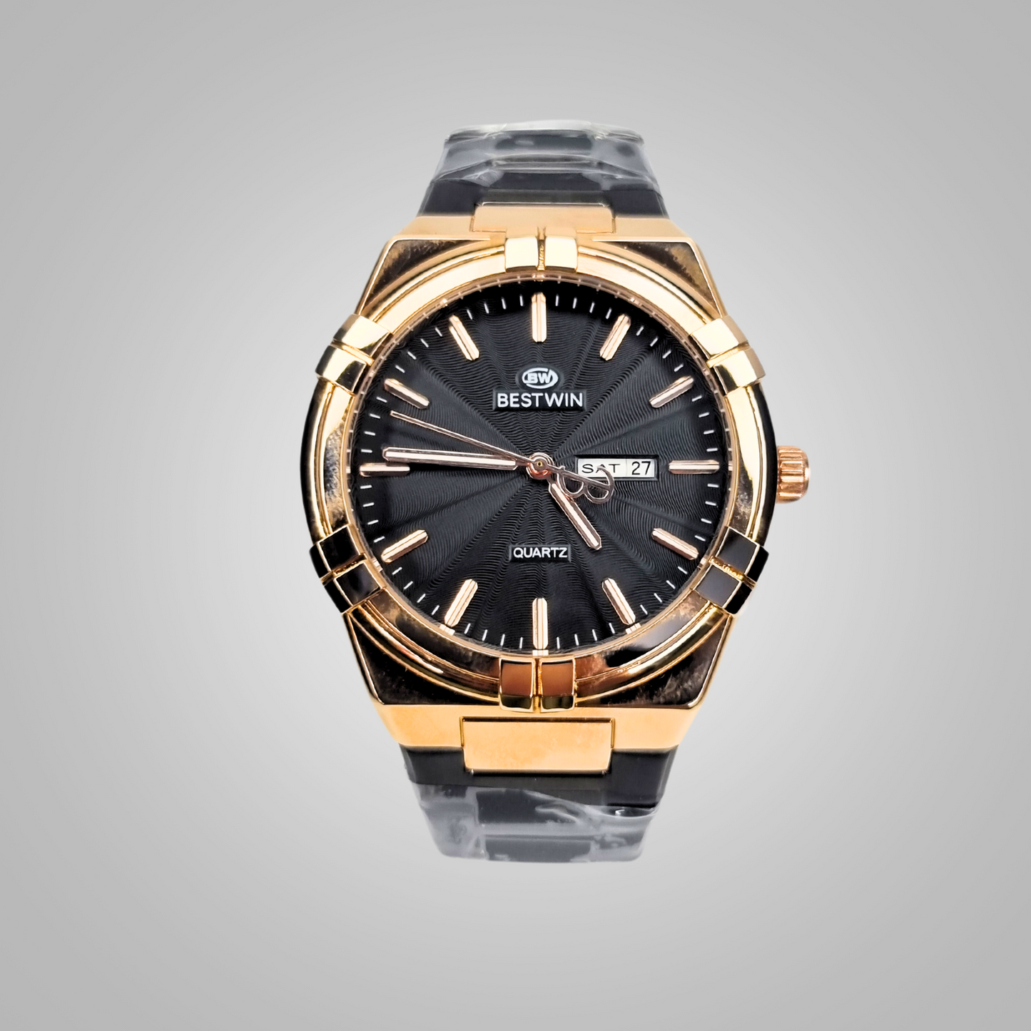 BESTWIN Quartz Watch - Elegant Black Dial with Gold Accents