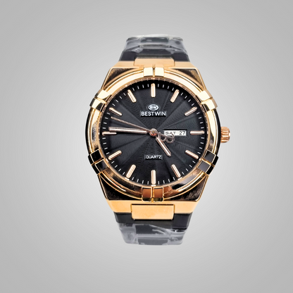 BESTWIN Quartz Watch - Elegant Black Dial with Gold Accents