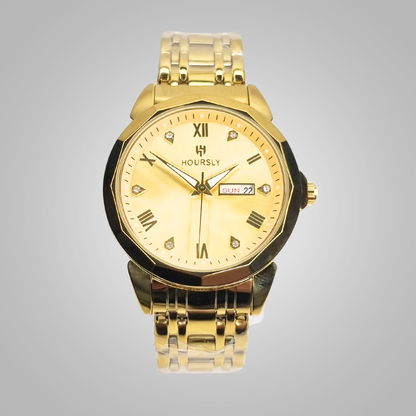 Luxurious HOURSLY Gold Analog Watch with Day & Date Display