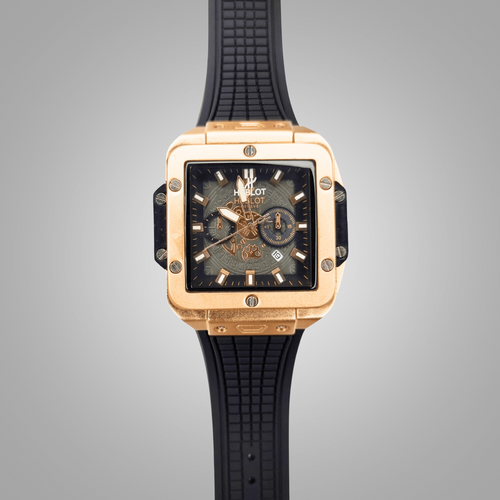Hublot Square Dial Luxury Watch - Golden Dial & Black Strap