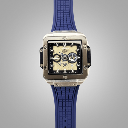 Hublot Square Dial Luxury Watch - SIlver Dial & Blue Strap